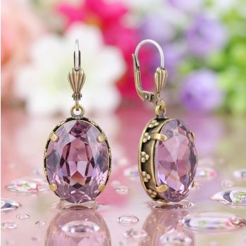 Jugendstil Ohrringe Gold Marken Kristalle Mauve Ohrhänger Ovalschliff großer Stein NOBEL SCHMUCK
