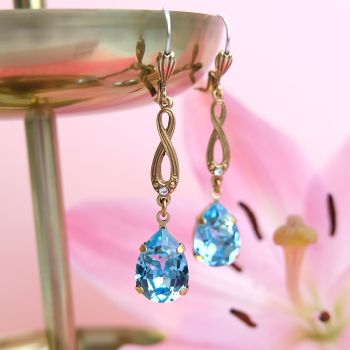 Ohrringe Gold Hellblau Markenkristalle Vintage Ohrhänger Damen Bau NOBEL SCHMUCK 