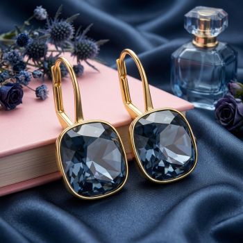 Ohrringe Blau 925 Silber Gold Marken Kristalle Denim Blue Ohrhänger kurz Klappverschluss minimalistisch NOBEL SCHMUCK