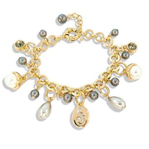 Bettelarmband Gold Armband mit Anhängern Kristall Perlen Grau NOBEL SCHMUCK