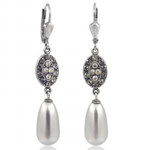 Jugendstil Perlen-Ohrringe Silber hängend Swarovski Kristalle Grau NOBEL SCHMUCK
