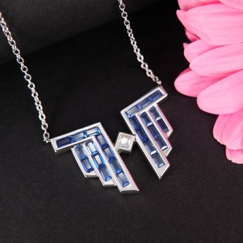 Art Deco Kette Silber 925 Halskette Anhänger Zirkonia Baguetteschliff Blau NOBEL SCHMUCK