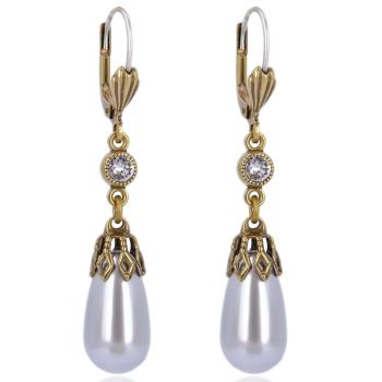 Perlen-Ohrringe Gold Kristalle Grau Ohrhänger Perlen Vintageschmuck NOBEL SCHMUCK