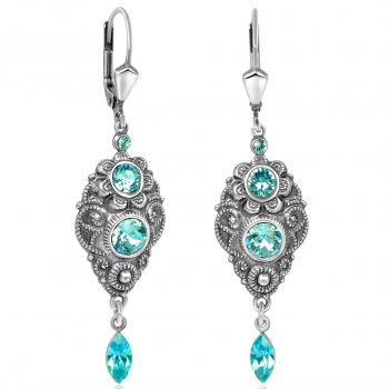 NOBEL SCHMUCK Jugendstil Ohrringe Silber Light Turquoise mit Markenkristallen Türkis 