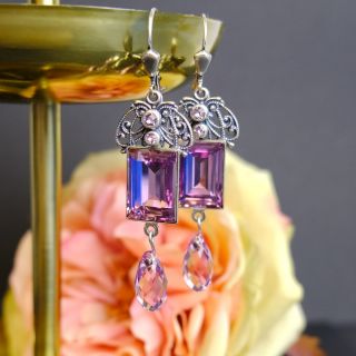 Jugendstil Ohrringe Silber Kristalle von Swarovski Light Amethyst Damen Ohrhänger NOBEL SCHMUCK