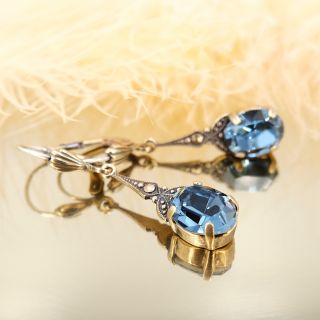 Goldene Jugendstil Ohrringe mit Markenkristallen Blau NOBEL SCHMUCK
